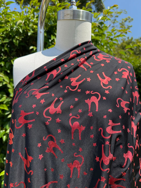 Red Black Cat Witchy Print Polyester/Spandex Jersey Knit "Meow Mystic"