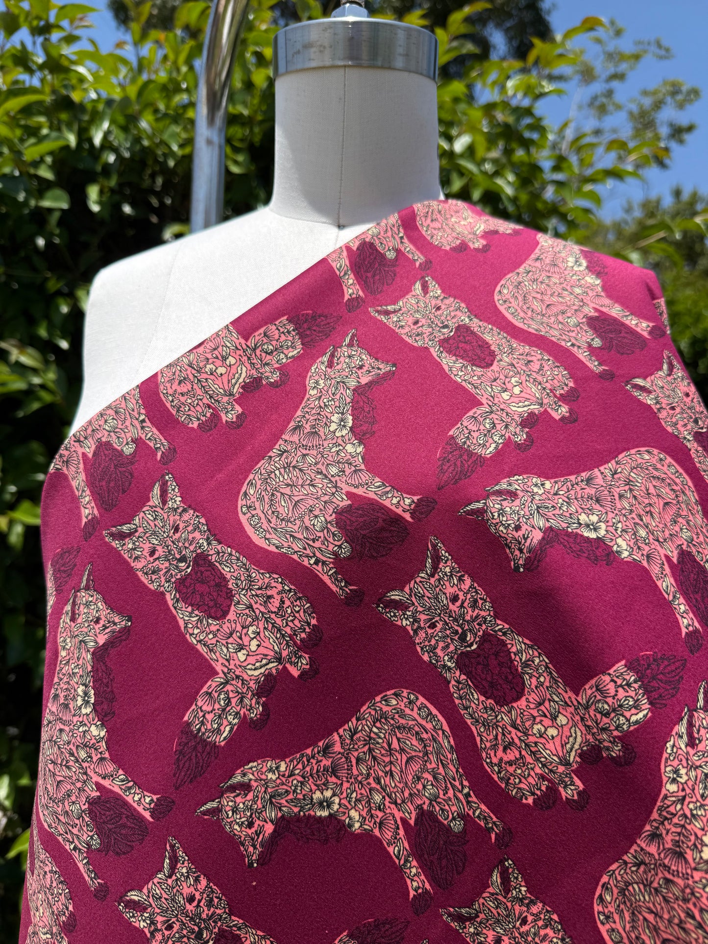 Pink Floral Fox Print Cotton Spandex Sateen Woven "Fox Bouquet"