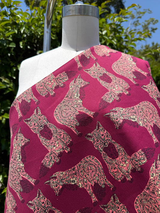 Pink Floral Fox Print Cotton Spandex Sateen Woven "Fox Bouquet"