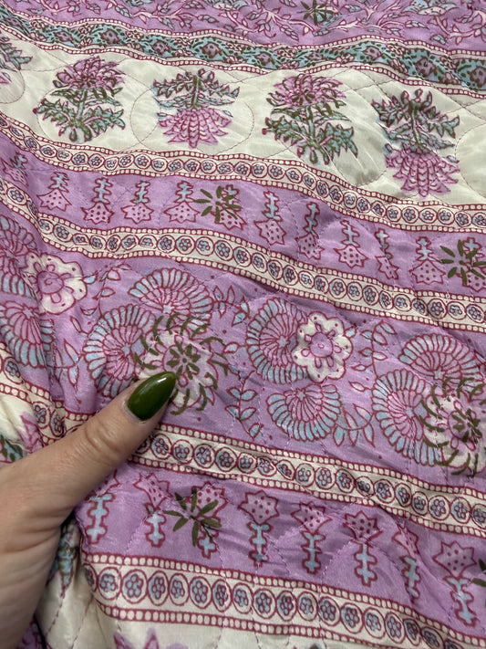 Pink White Block Floral  Print Silk Habotai Quilted “Keya”