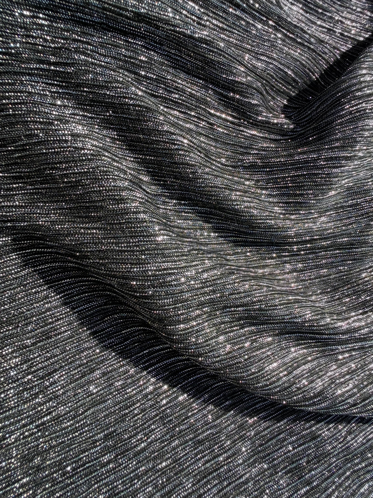 Silver Lurex Pleated Mesh Polyester Spandex Knit "Disco”