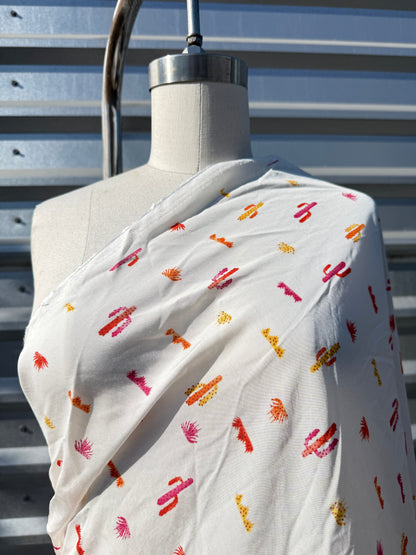 White Pink Cactus Desert Print Rayon Challis Woven "Tucson Sunset"