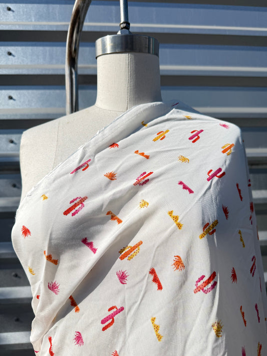 White Pink Cactus Desert Print Rayon Challis Woven "Tucson Sunset"