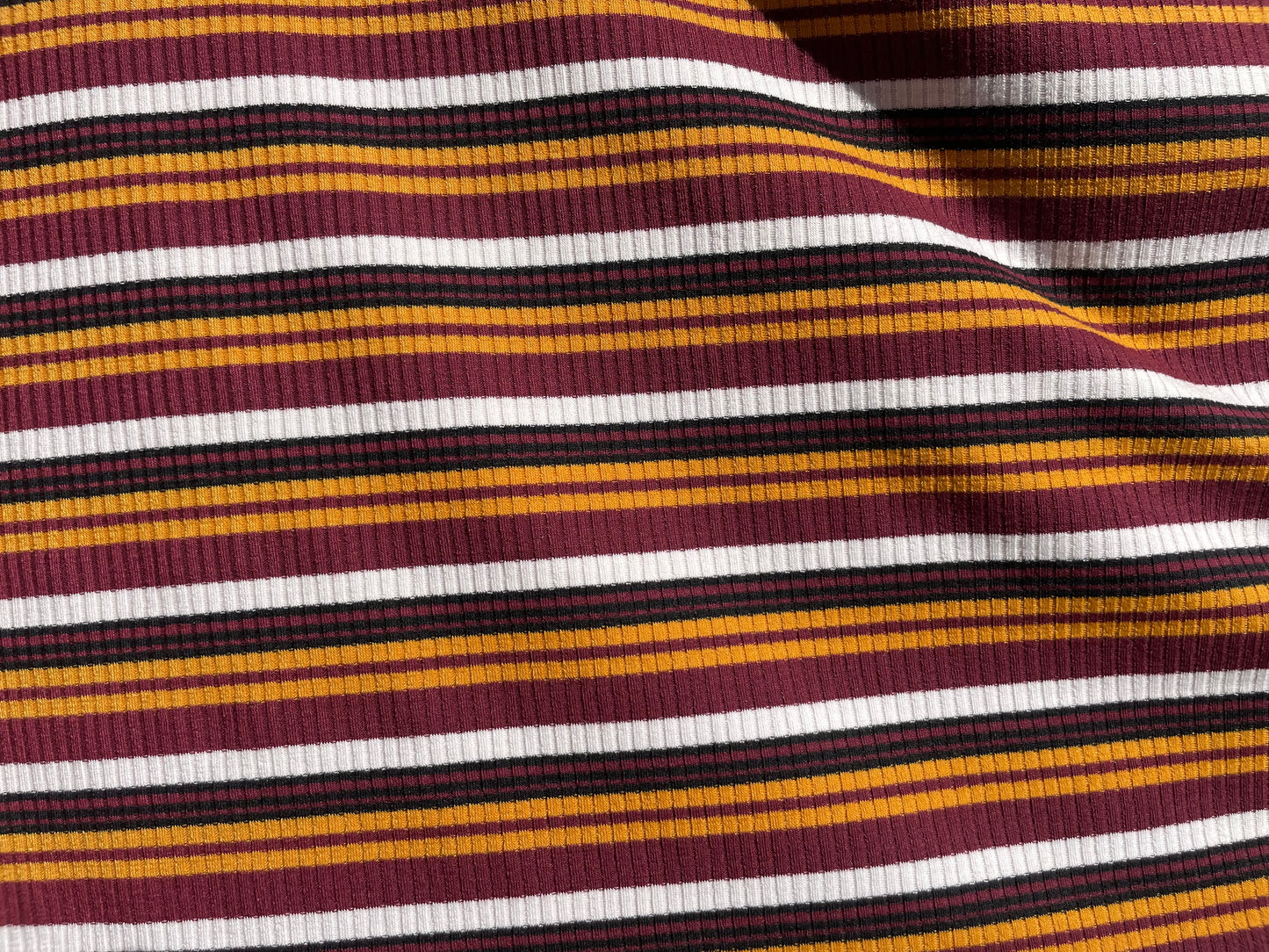 Rust Brown Gold White Retro 70's/90's Stripe 2x1 Soft Rayon/Spandex Rib "Sheryle Skates Backwards"