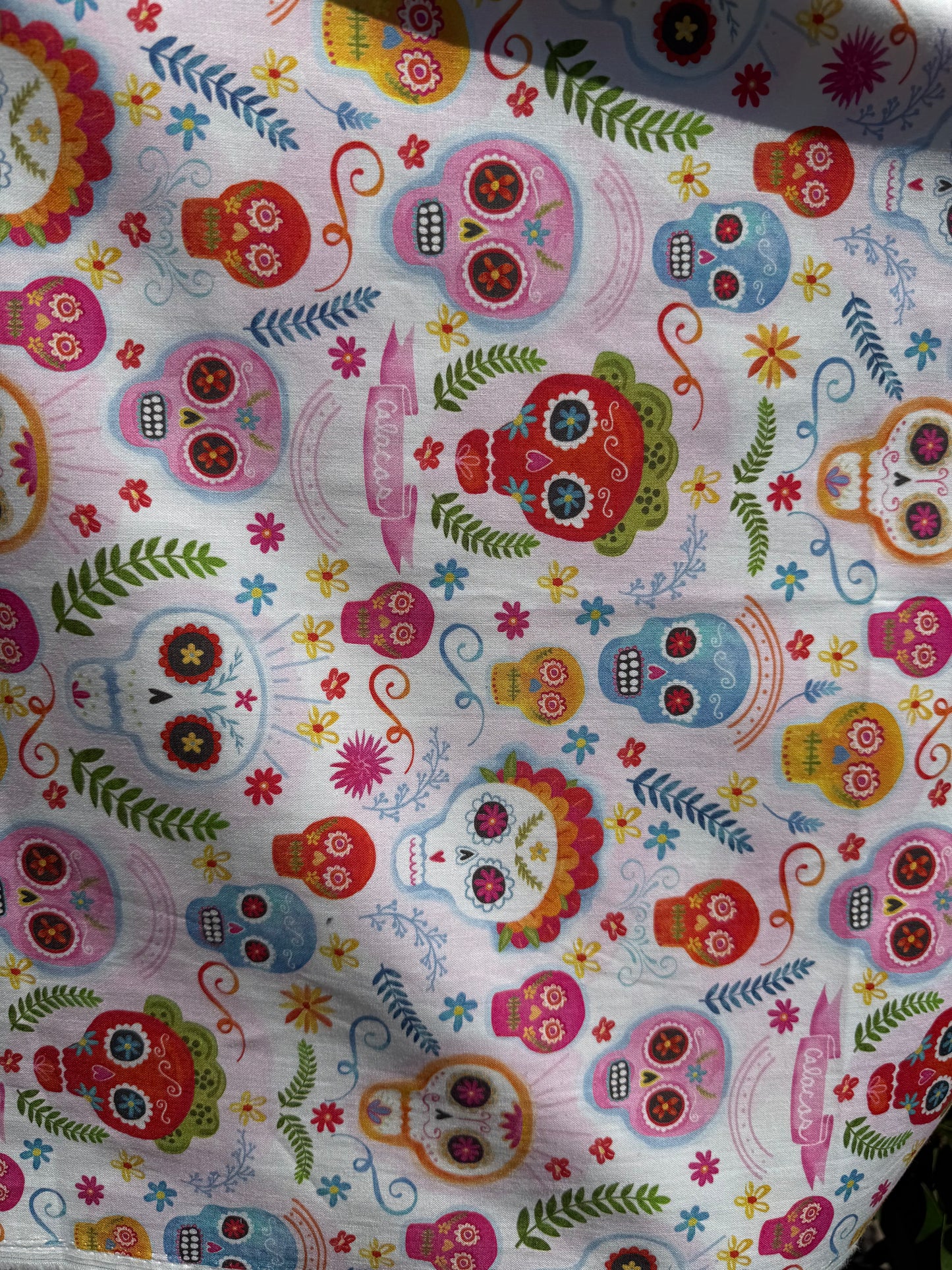 White Sugar Skull Calaveras Floral Cotton Poplin "Funny Bones"
