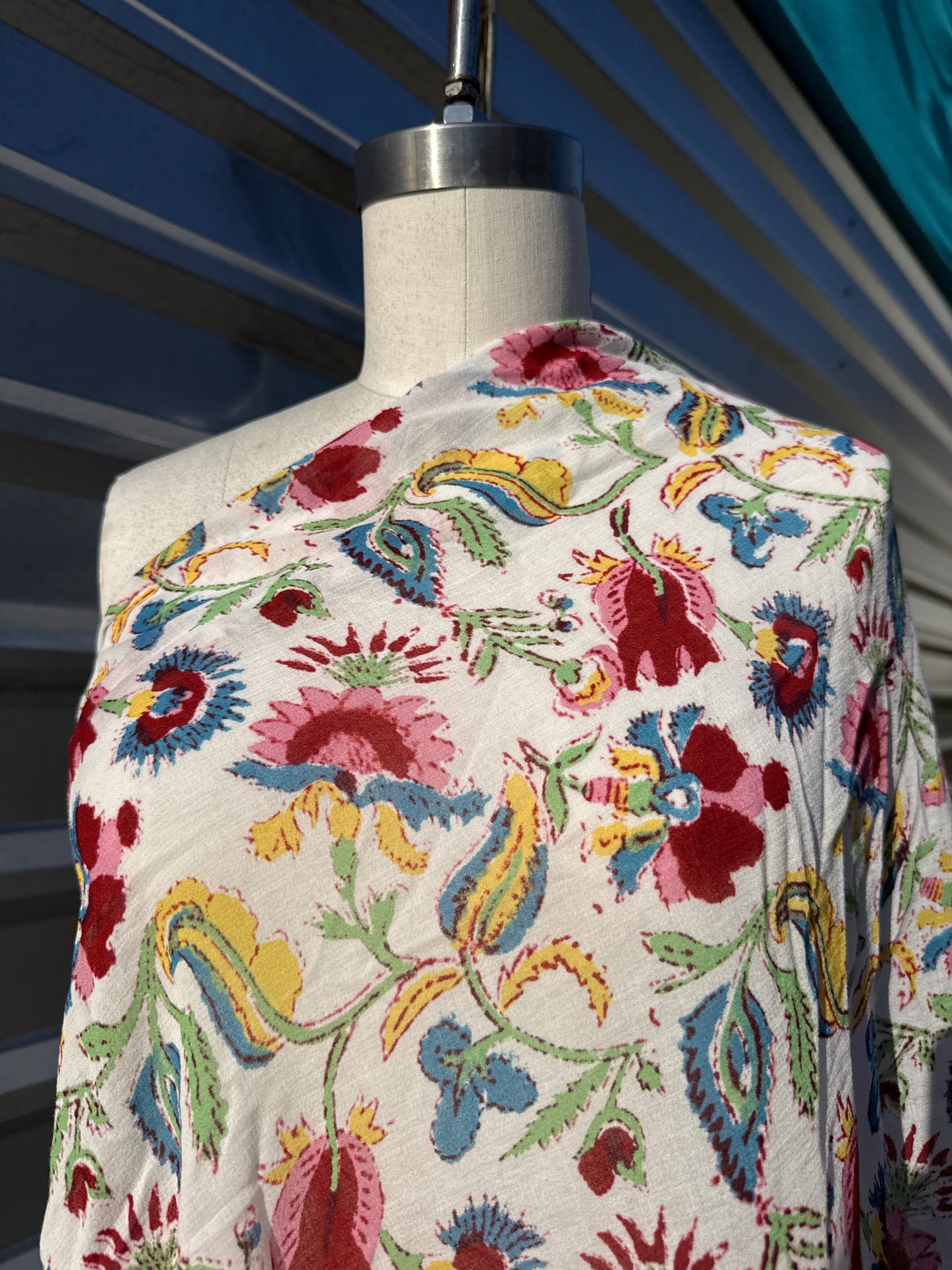 White Pink Yellow Green Floral Paisley Flower Print Cotton Gauze Woven "Dawn in Bali"