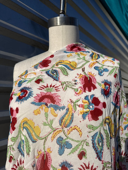 White Pink Yellow Green Floral Paisley Flower Print Cotton Gauze Woven "Dawn in Bali"