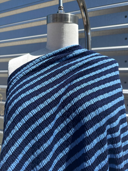 Blue Navy Stripe Smocked Cotton Spandex Knit “Sour Blue Rasberry"
