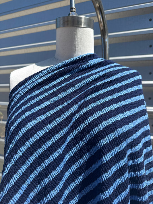 Blue Navy Stripe Smocked Cotton Spandex Knit “Sour Blue Rasberry"