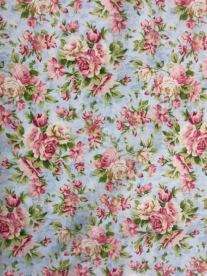 Pink Green Blue Cream Floral Quilt Cotton Poplin Woven "Cottage Blooms"