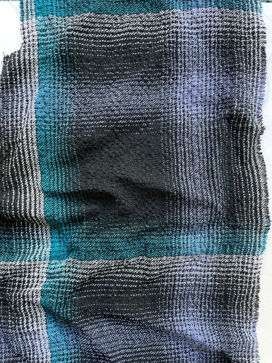 Blue White Black Plaid Rayon Texture Crepe Woven "Threadbare Plaid"
