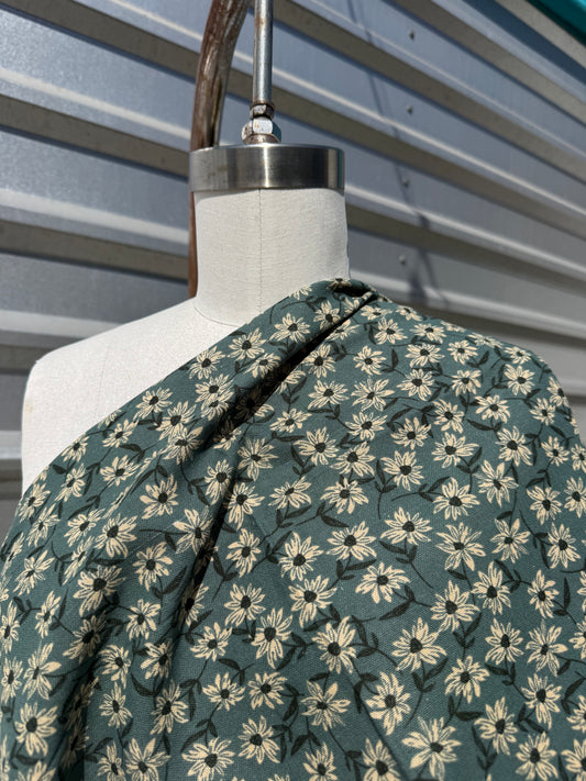 Sage Green Cream Daisy Print Cotton Linen Fabric "Willow Tree"