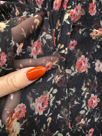 Black Red Green White Rose Floral Print Micro Mesh Stretch Knit "Blooming Rose"