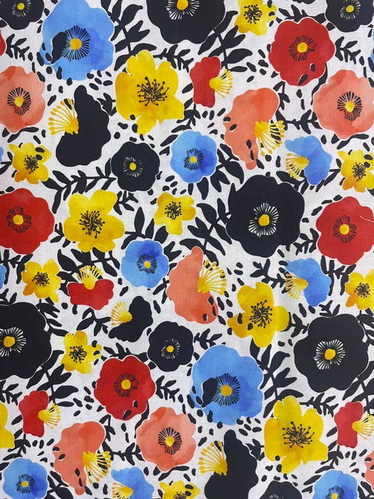 Black Blue Yellow Red White Pink Floral Quilt Cotton Poplin Woven "Poppy Blooms"