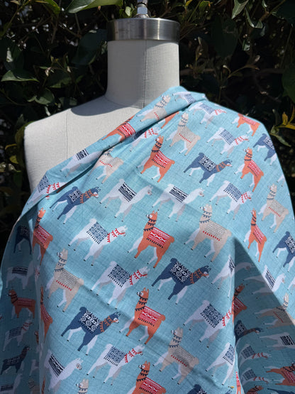 Blue Lama Print Cotton Poplin Quilting "Lama Drama"