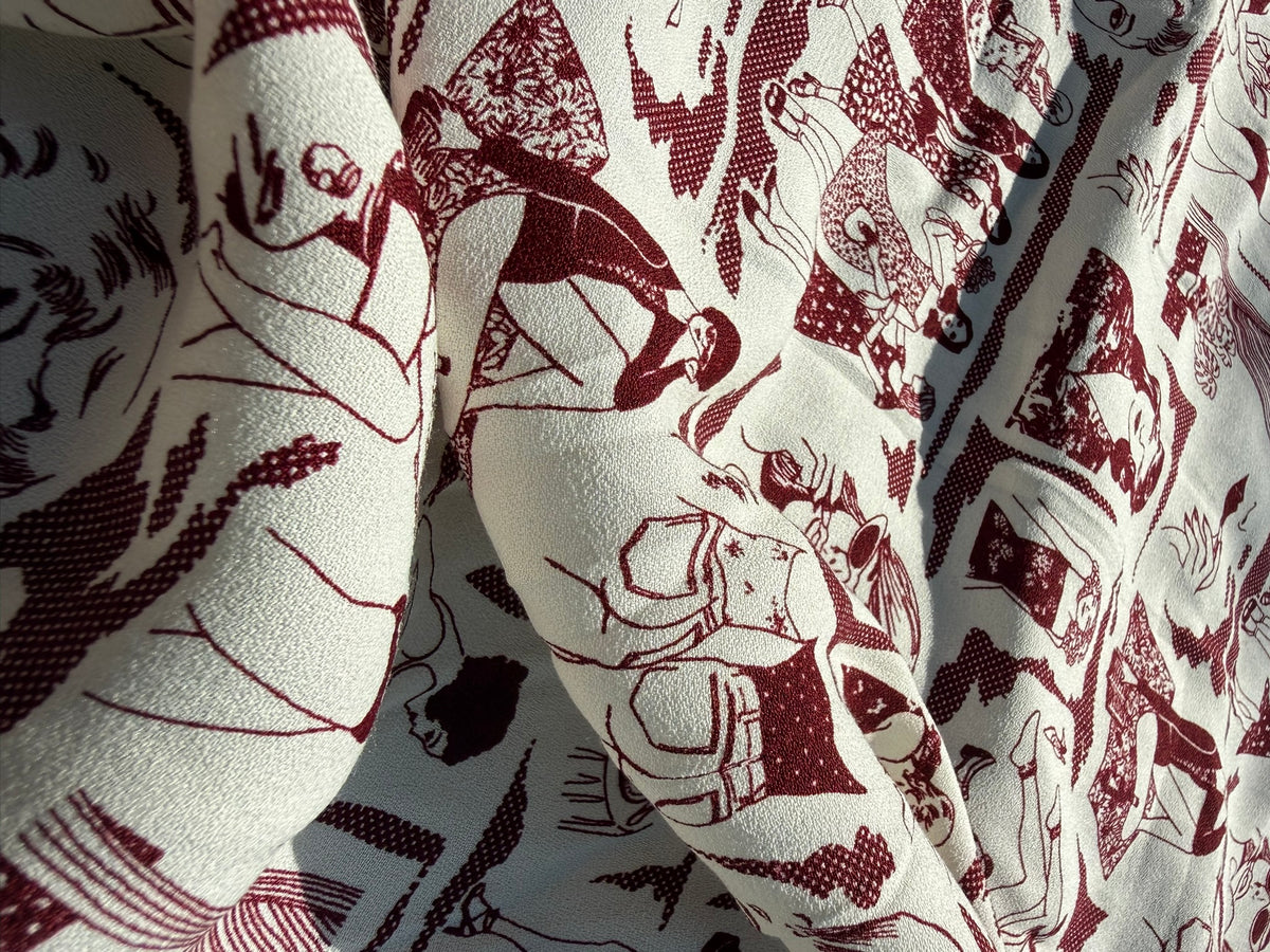 Ivory Burgundy Graphic Women Character Rayon Crepe Woven "Cool Chicks"