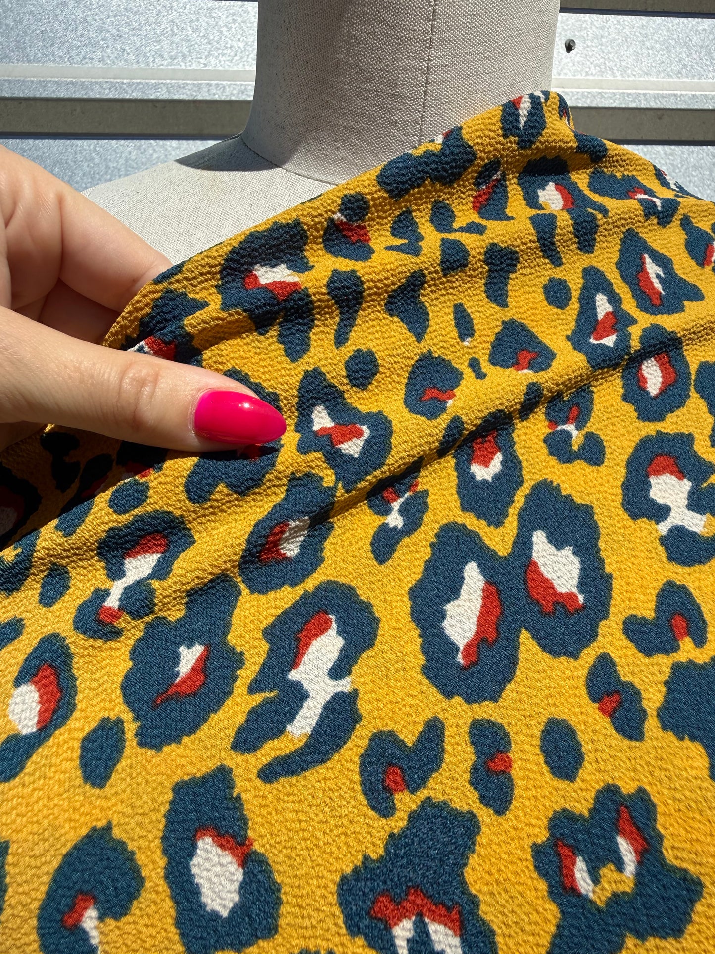 Yellow Navy Red Cream Leopard Print Polyester Crepe Woven "Wild Cat"
