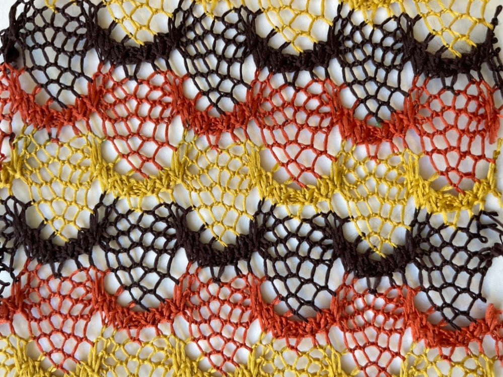 Yellow Orange Brown Crochet Scallop Lace Polyester Knit "Caribbean Sunset"