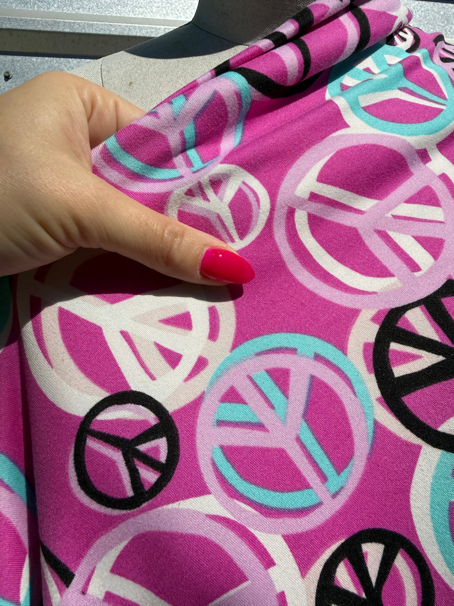 Pink White Peace Sign Print Polyester Spandex Knit "Peace Out"