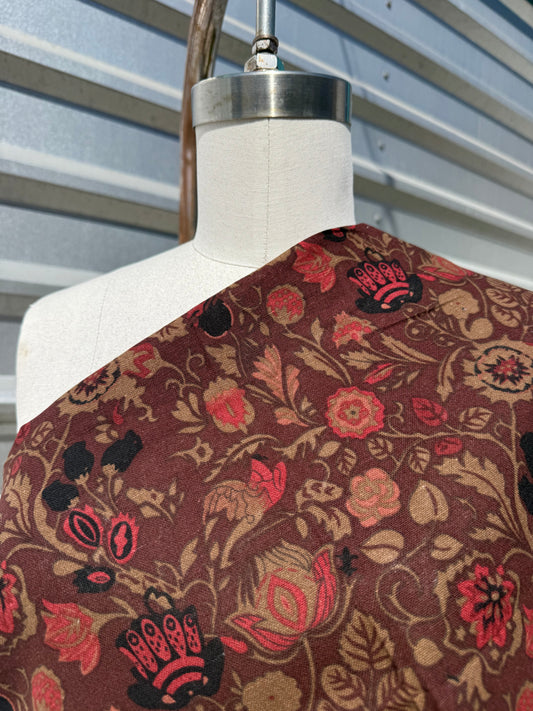 Burgundy Ornate Floral Tapestry Print Cotton Linen Fabric "Meet in the Study"
