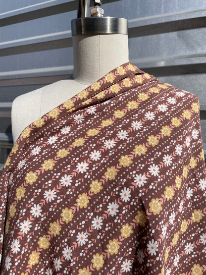 Mocha Brown Yellow Retro Folk Floral Soft Rayon Crepe Woven “Folky Flora"