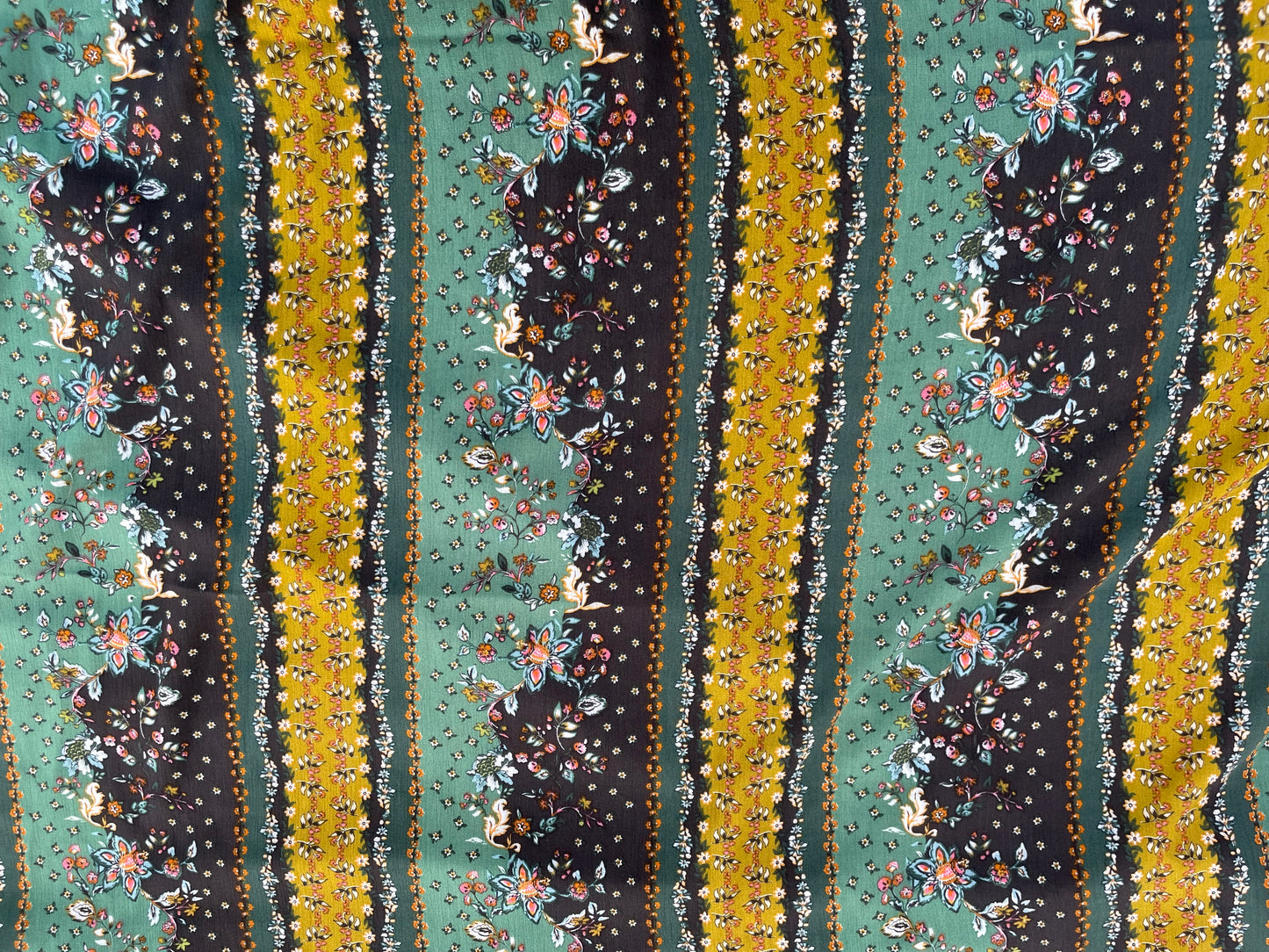 Gold Green Paisley Boho Stripe Soft Rayon Crepe “Boho Becky”