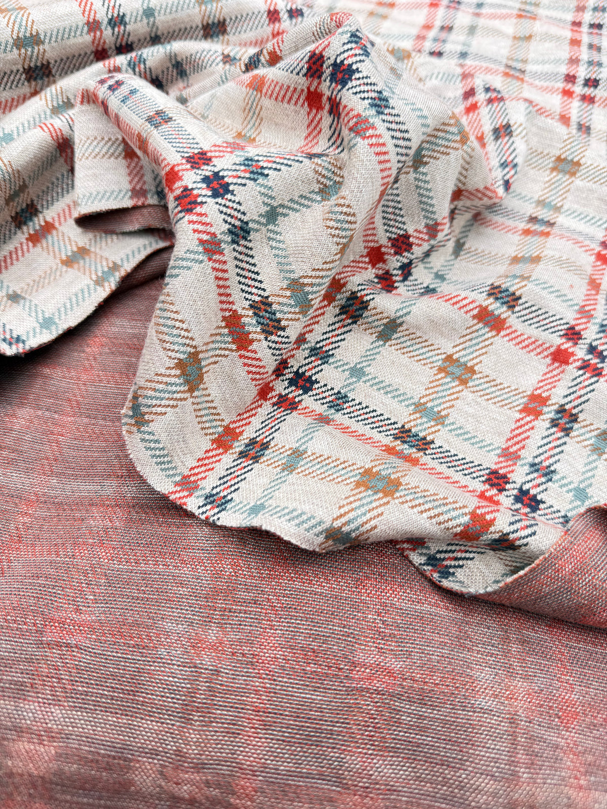 Beige Orange Plaid Polyester Spandex Ponte Knit "Brooklyn '76"
