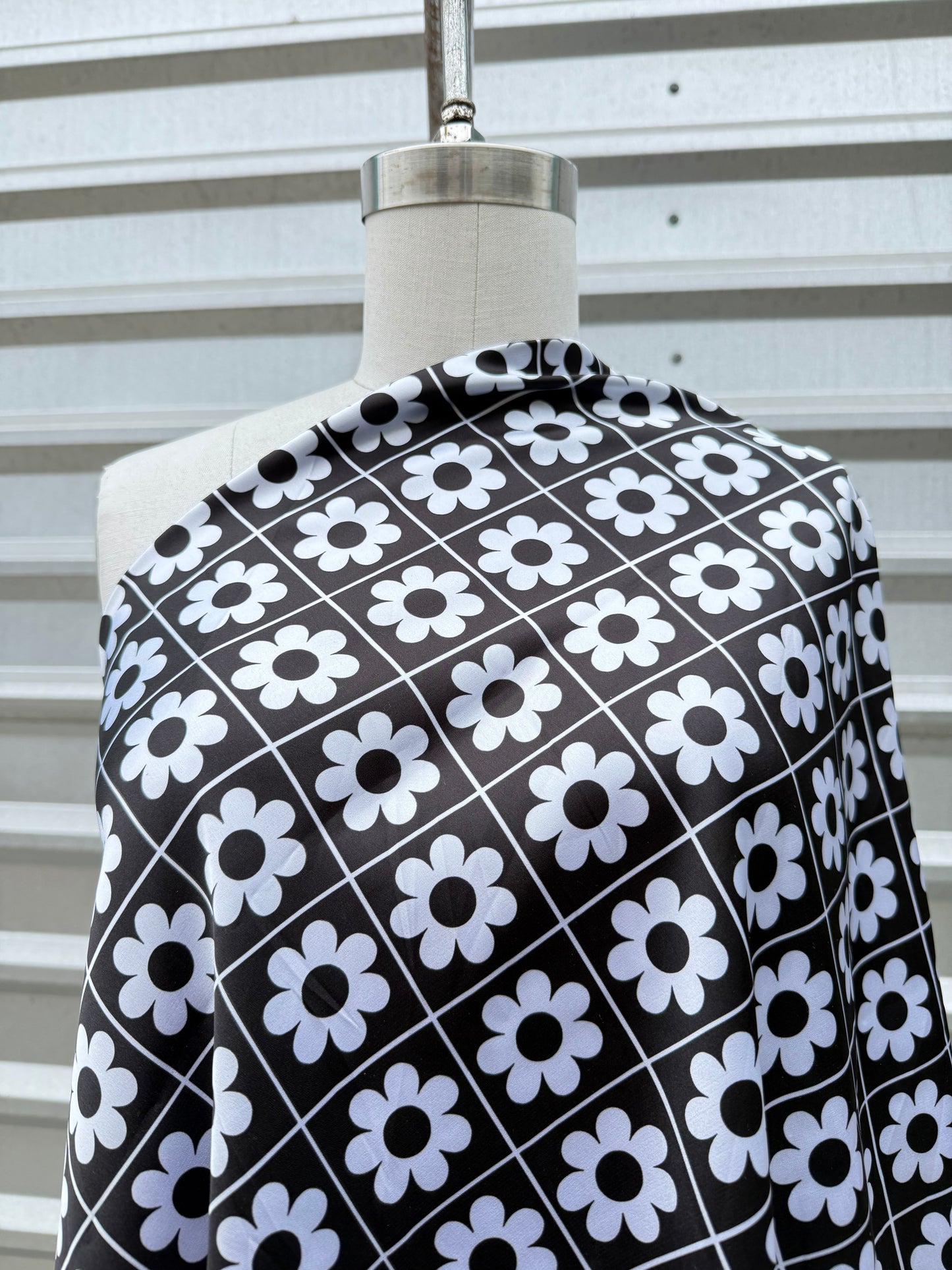 Black White Pop Floral Grid Print Polyester Charmeuse "Tic Tac Toe Daisy"
