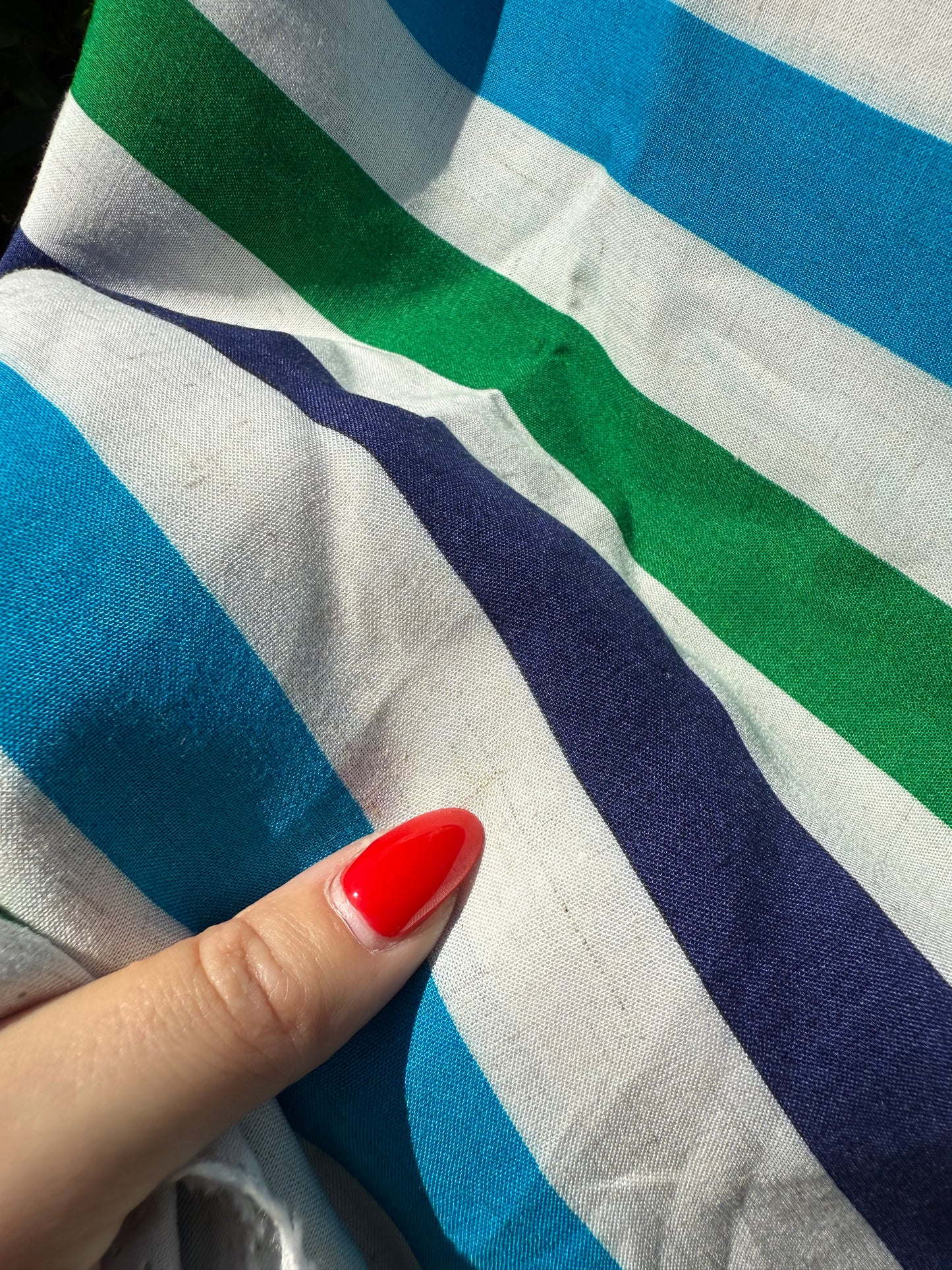 White Blue Green Vertical Stripe Rayon Challis Woven "Mike Ike"