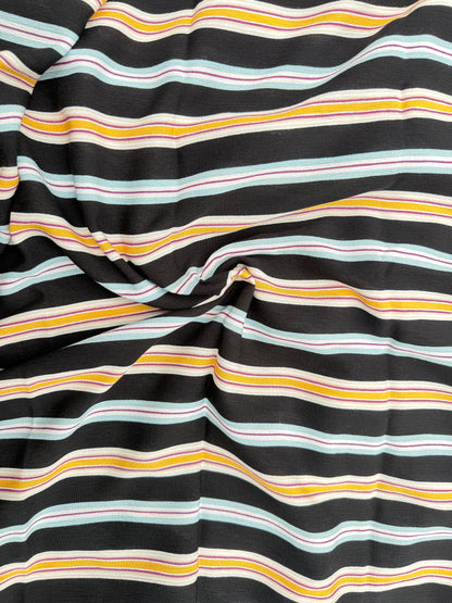 Black Aqua Yellow Stripe Rayon Crepe Woven "Baja Shop"