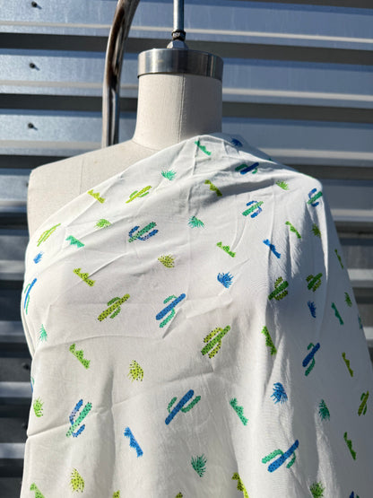 White Green Cactus Desert Print Rayon Challis Woven "Scottsdale Bound"