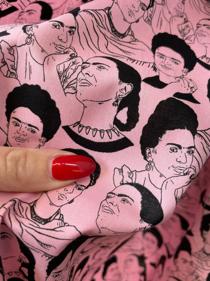 Pink Black Frida Kahlo Portrait Cotton Poplin “The Legend”