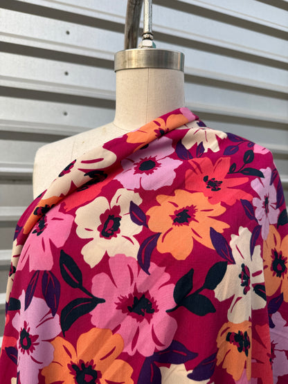 Magenta Purple Brown Retro Daisy Floral Print Polyester Crepe Woven "Me Mumu"