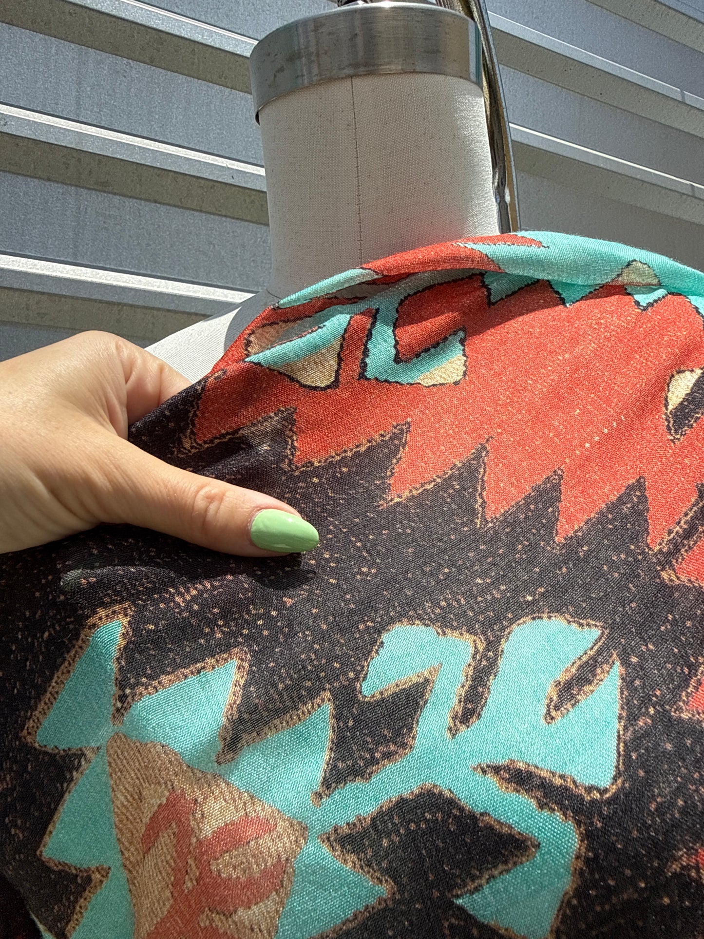 Brick Red Turquoise Southwest Ikat Print Cotton Gauze Woven "Rio Rancho"
