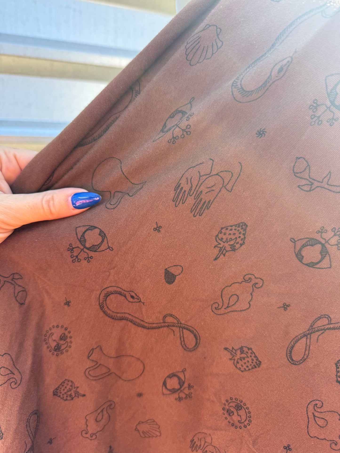 Brown Black Tattoo Flash Motif Cotton Spandex  Jersey Knit "Sidewinder Seeker”