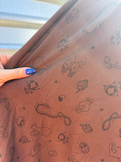Brown Black Tattoo Flash Motif Cotton Spandex  Jersey Knit "Sidewinder Seeker”