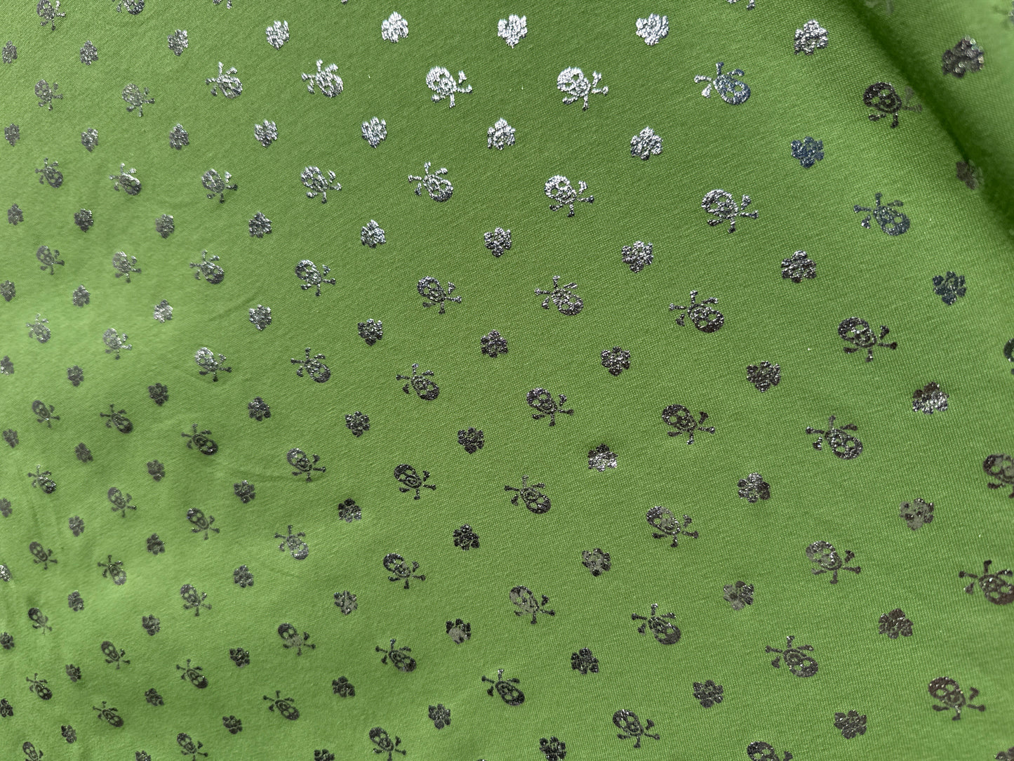 Lime Green Silver Skull Print Cotton Spandex Jersey Knit “Me Silver"
