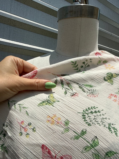 White Green Pink Butterfly Floral Print Rayon Crepe "Painted Lady"