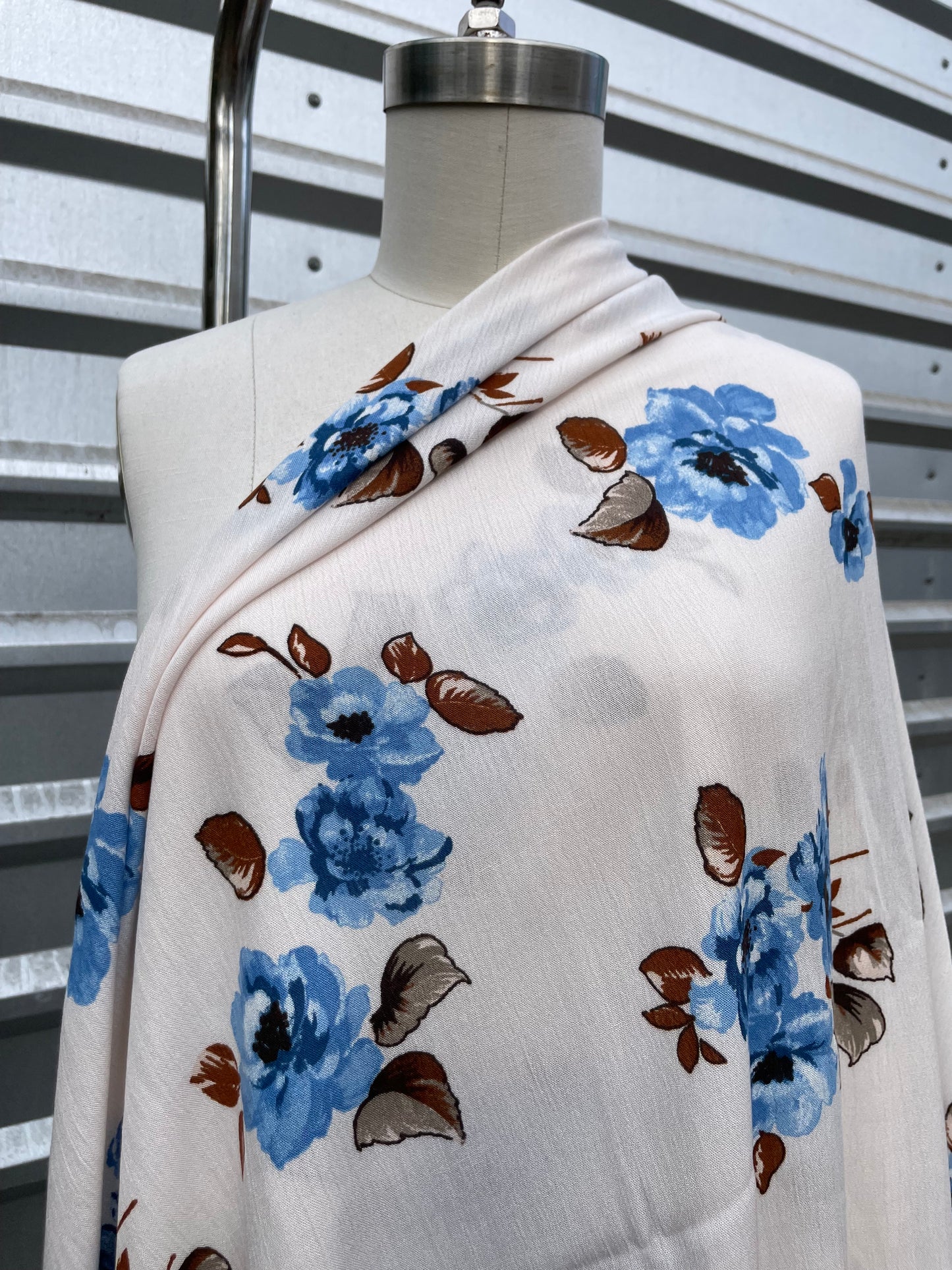 White Blue Floral Soft Rayon Crepe Woven “Parker’s Poises”