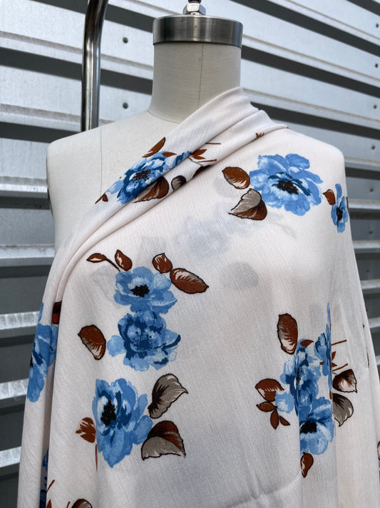 White Blue Floral Soft Rayon Crepe Woven “Parker’s Poises”