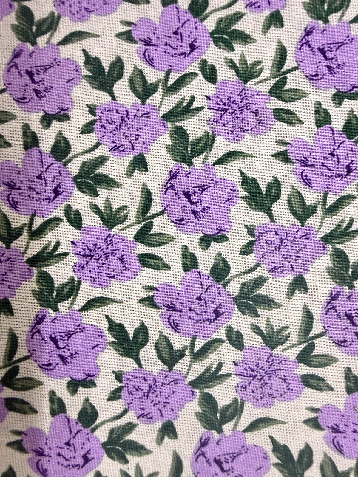 Purple Rose White Green Print Cotton Linen Fabric "Julie”