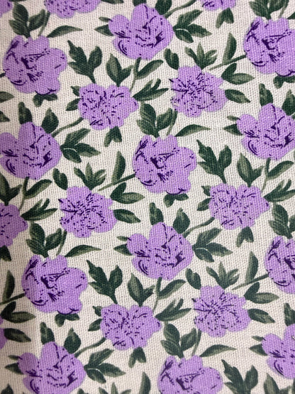 Purple Rose White Green Print Cotton Linen Fabric "Julie”
