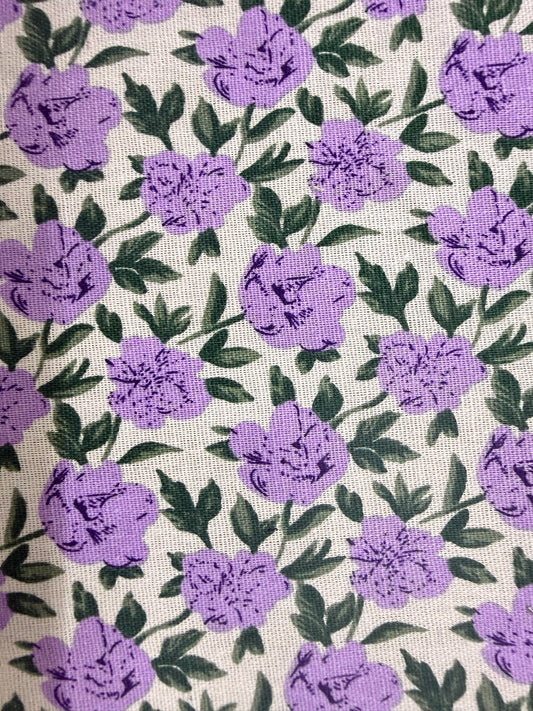 Purple Rose White Green Print Cotton Linen Fabric "Julie”