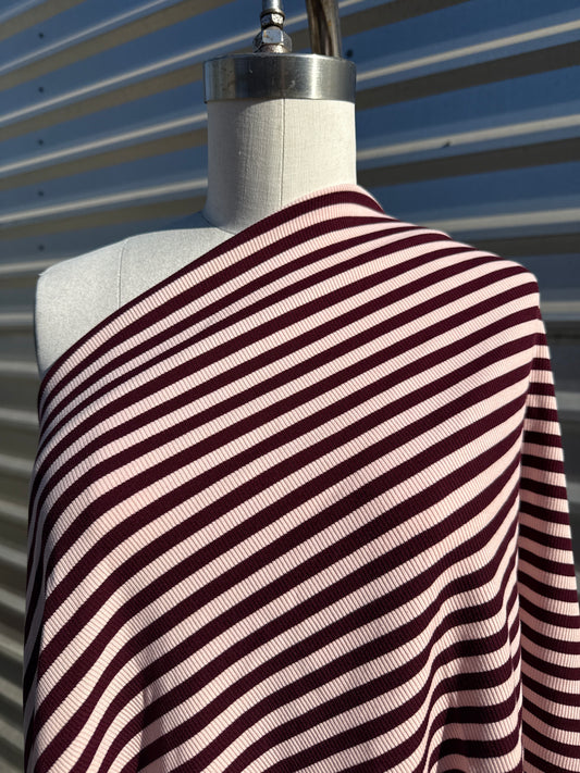 Burgundy Pink .5" Stripe 2x1 Soft Rayon Spandex Rib Knit "Elderberry"