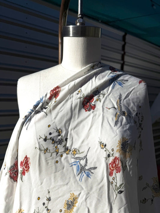 White Blue Red Bird FloralPrint Rayon Crepe Woven "Wings”
