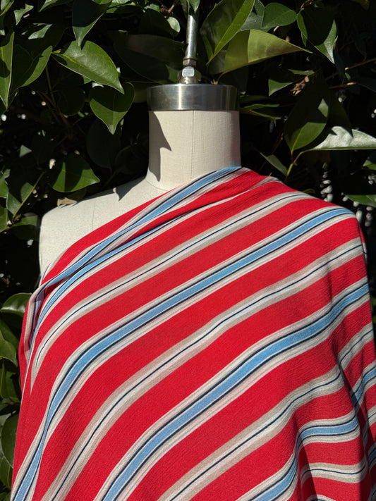 Coral Red Blue Tan Stripe Rayon Crepe Woven "Soda Shop "