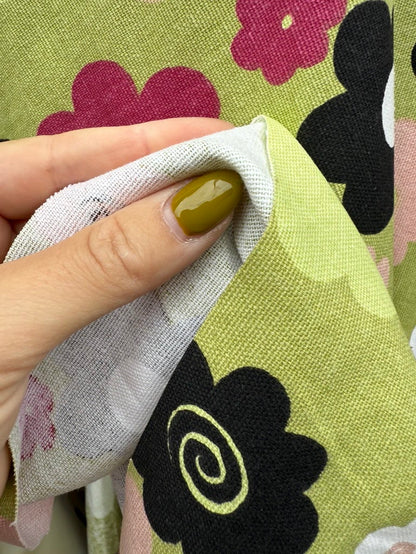 Olive Green Pink White Black Daisy Floral Print Cotton Canvas Woven "Doodle Daisy"