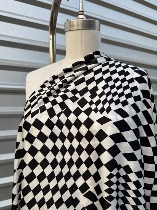 Black White Checker Marble Swirl Ripple Polyester Charmeuse Crepe "Warped Reality"