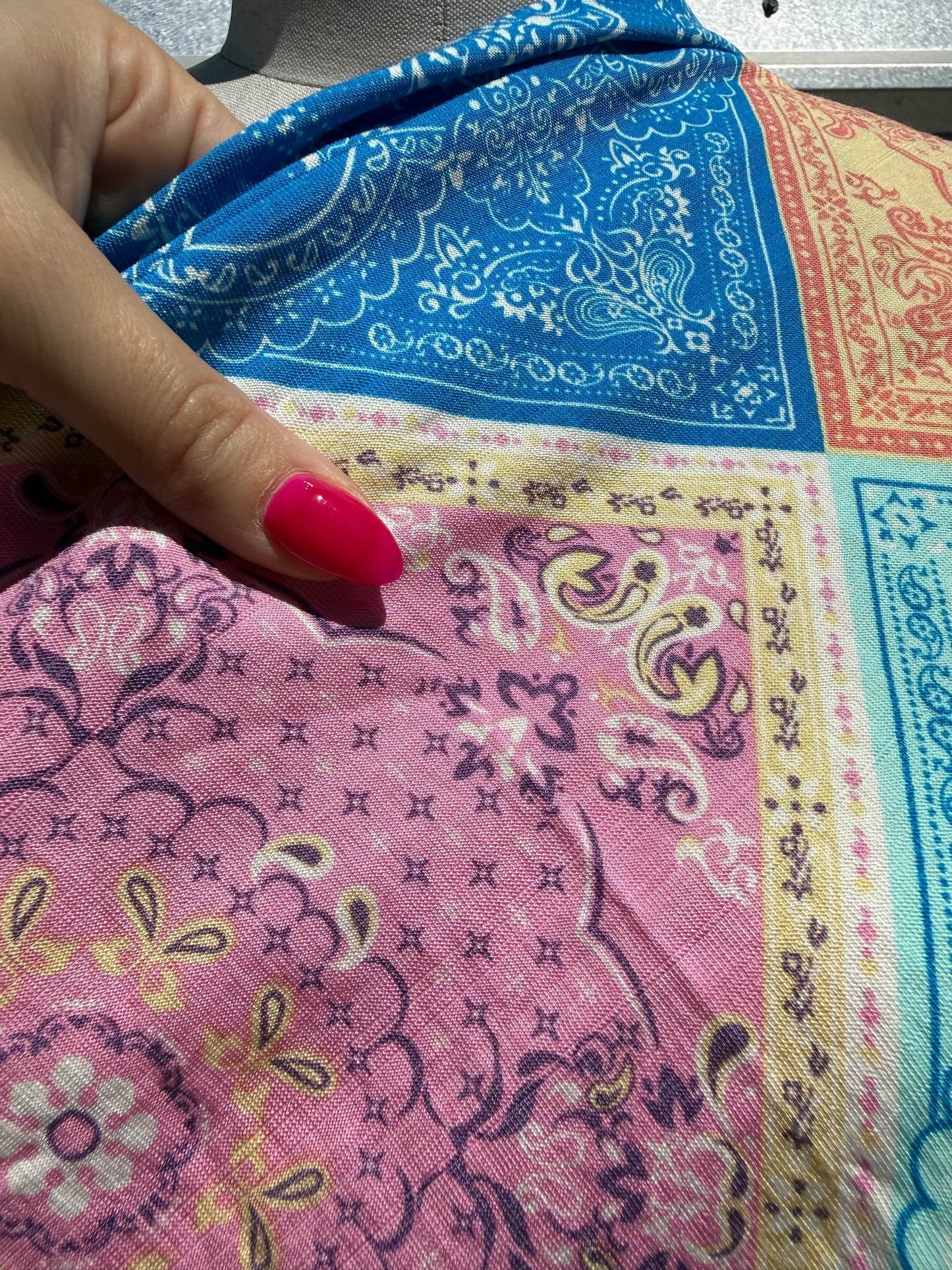 Orange Yellow Blue Pink White Paisley Scarf Print Rayon Fille Woven "Pastel Ranch"