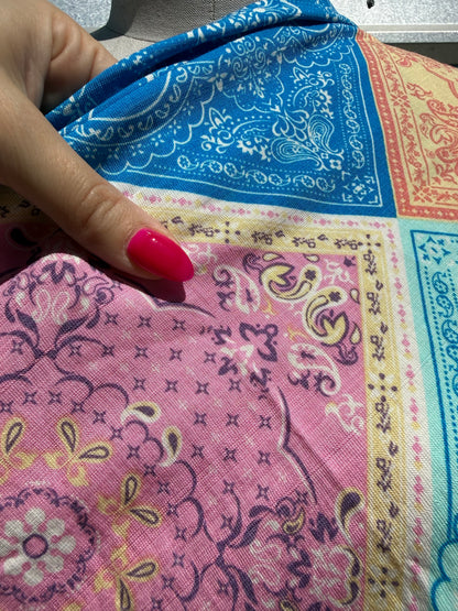 Orange Yellow Blue Pink White Paisley Scarf Print Rayon Fille Woven "Pastel Ranch"